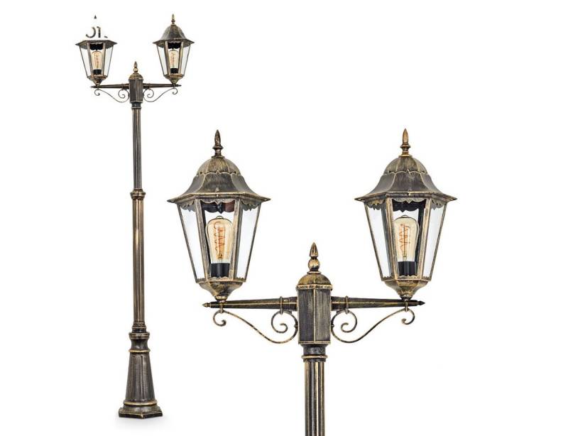 hofstein Außen-Stehlampe Wegeleuchte aus Metall/Glas in Schwarz-Goldfarben/Klar, ohne Leuchtmittel, Kandelaber, Gartenbeleuchtung IP44, 2x E27, ohne Leuchtmittel von hofstein