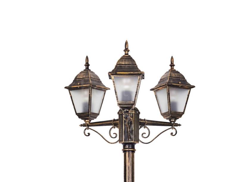 hofstein Außen-Stehlampe Wegeleuchte aus Metall/Glas in Schwarz-Goldfarben/Milchglas, ohne Leuchtmittel, Kandelaber, Gartenbeleuchtung IP44, 3x E27, ohne Leuchtmittel von hofstein