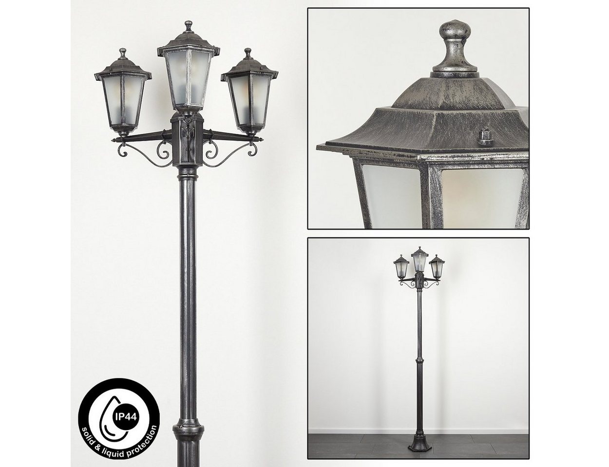 hofstein Außen-Stehlampe Wegeleuchte m. Bewegungsmelder aus Metall/Glas in Schwarz-Silber/Weiß, ohne Leuchtmittel, Kandelaber, Gartenbeleuchtung IP44, 3x E27, ohne Leuchtmittel von hofstein