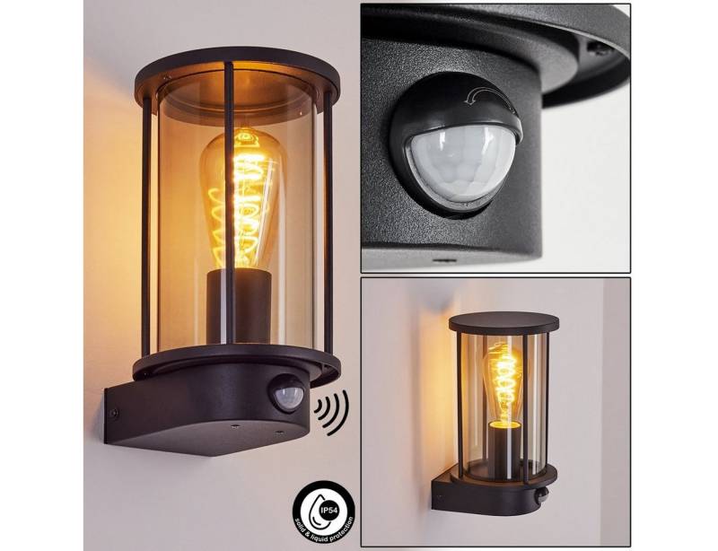 hofstein Außen-Wandleuchte Außenlampe mit Bewegungsmelder aus Metall/Glas in Schwarz/Rauchfarben, ohne Leuchtmittel, Wandlampe für außen mit Sensor, Höhe 25 cm, IP54, 1 x E27 von hofstein