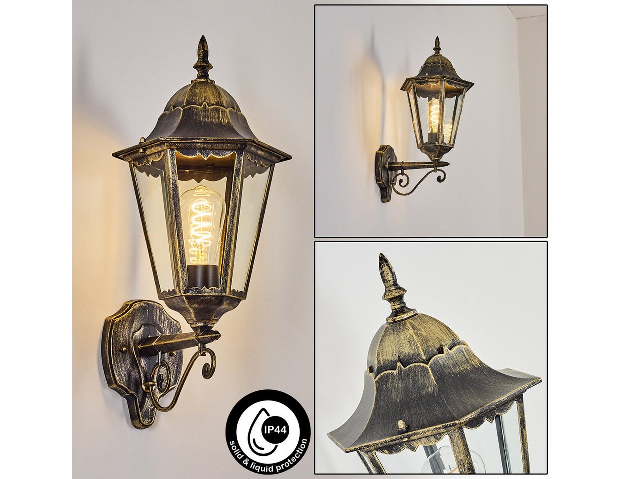 hofstein Außen-Wandleuchte Außenwandlampe aus Metall/Glas in Schwarz/Gold/Klar, Wandleuchte außen im Vintage/Antik/Landhaus-Design, E27, IP44 von hofstein