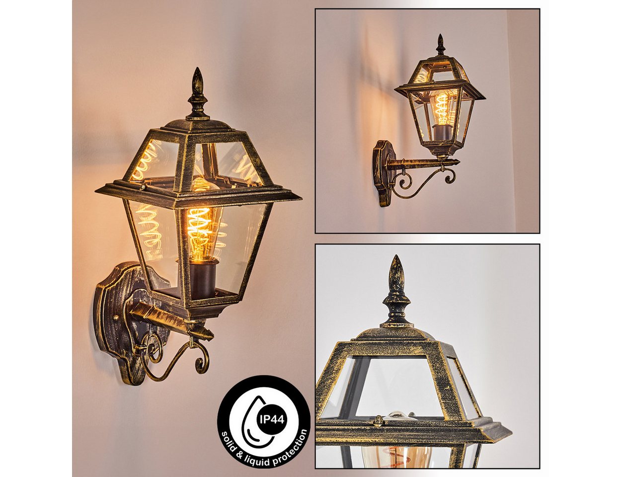 hofstein Außen-Wandleuchte Außenwandlampe aus Metall/Glas in Schwarz/Gold/Klar, ohne Leuchtmittel, Wandleuchte außen im Vintage/Antik/Landhaus-Design, E27, IP44 von hofstein