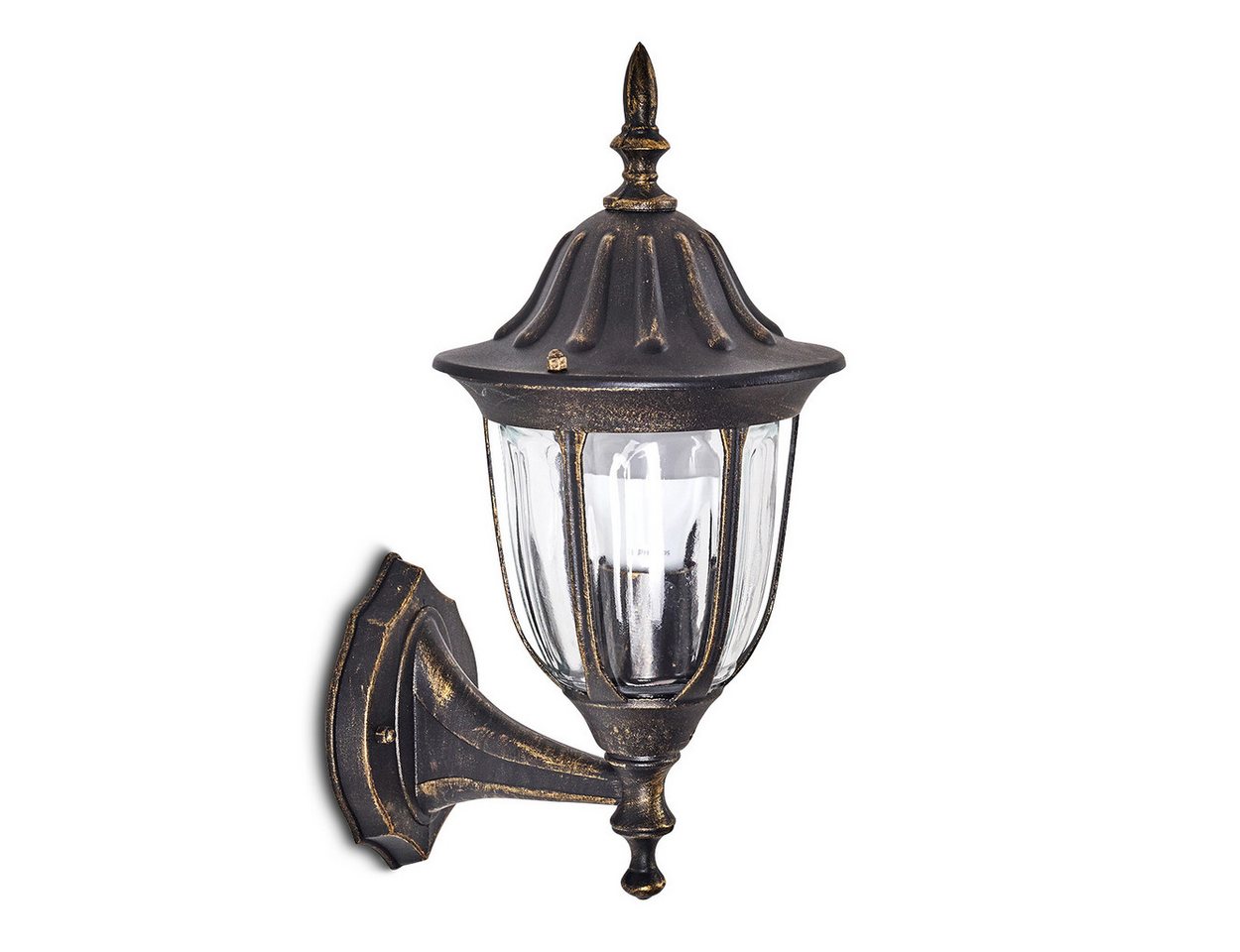 hofstein Außen-Wandleuchte »Poggi« Außenwandlampe aufwärts in antikem Look, ohne Leuchtmittel, Aluguss in Schwarz/Gold, Klarglas, E27, Außenleuchte für Terrasse von hofstein