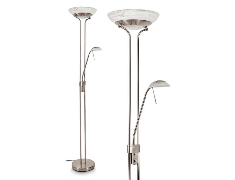 hofstein Deckenfluter »Lainate« dimmbare Standleuchte aus Metall in Nickel-matt, 3000 Kelvin, 18 u. 5 Watt, 2070 Lumen, mit Dimmer u. verstellbarem Lesearm von hofstein