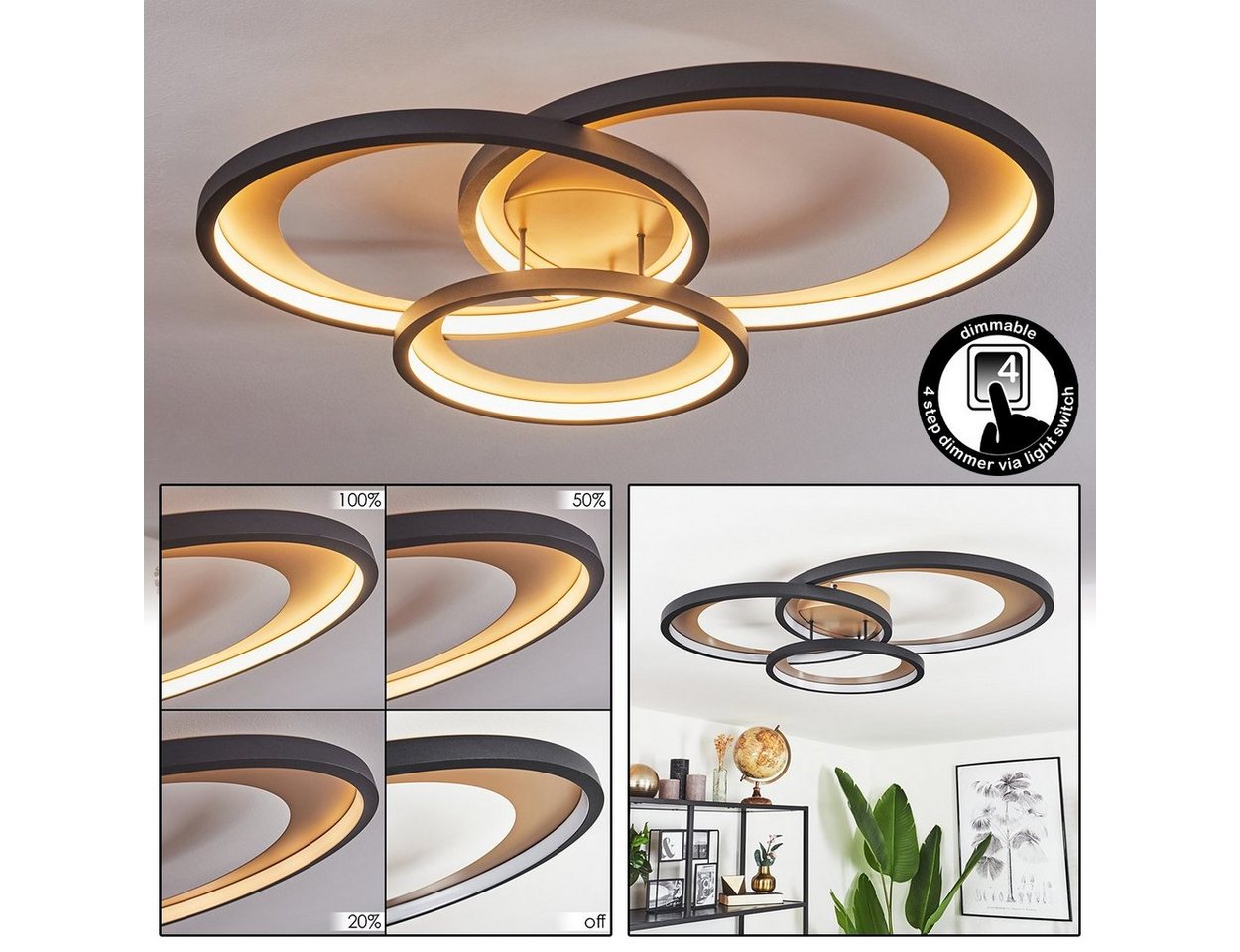 hofstein Deckenleuchte »Arsiero« dimmbare Deckenlampe, Metall/Kunststoff, Gold/Schwarz/Weiß, 3000 Kelvin, 4300 Lumen, 36 Watt, dimmbar über herkömmlichen Lichtschalter von hofstein