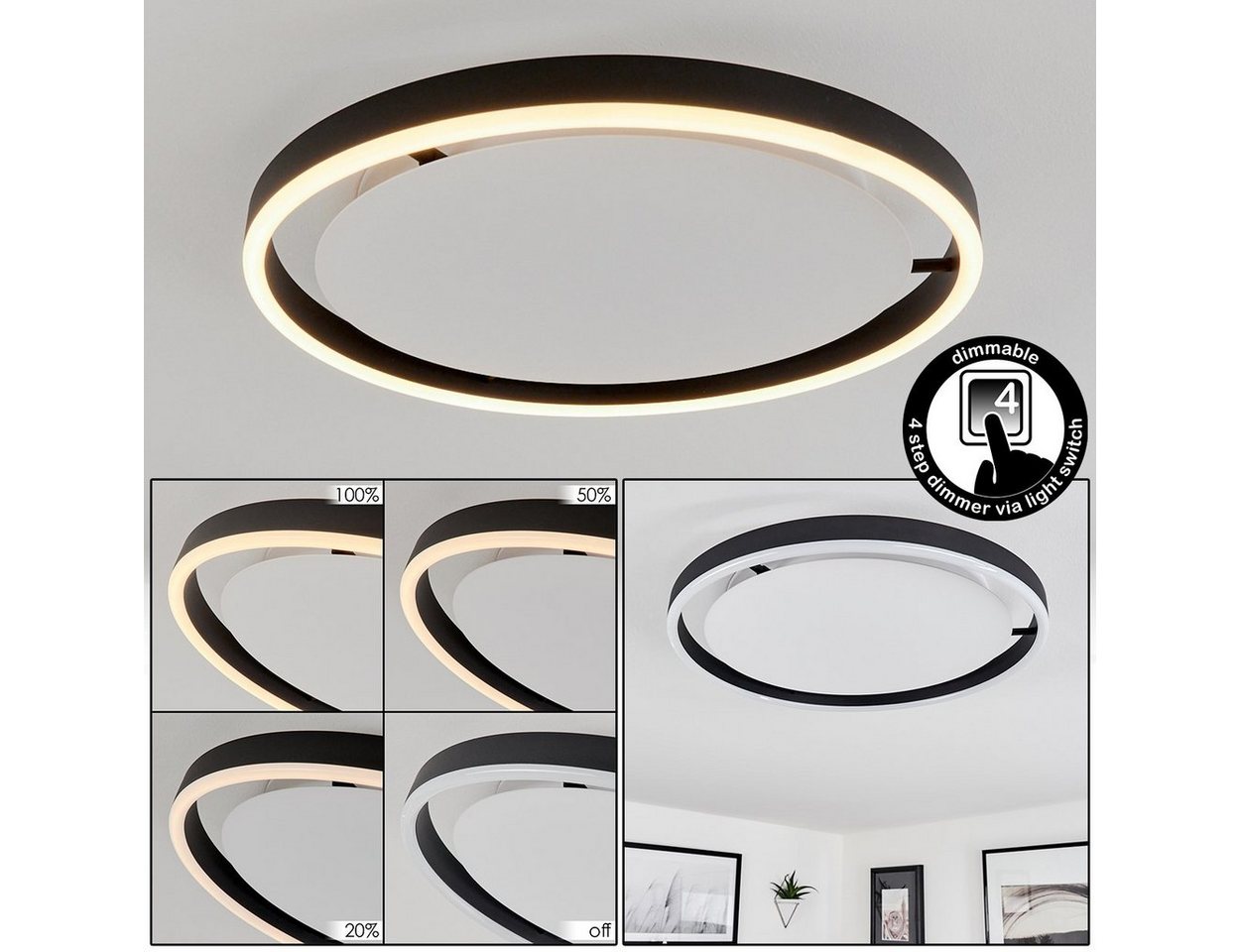 hofstein Deckenleuchte »Cariglio« dimmbare Deckenlampe aus Metall/Kunststoff in Schwarz/Weiß, 3000 Kelvin, über herkömmlichen Lichtschalter dimmbar, Lichtring, LED 2650 Lumen von hofstein