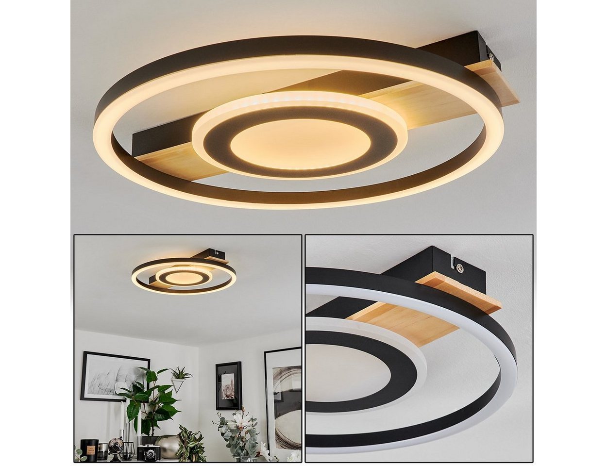 hofstein Deckenleuchte »Colognola« Deckenlampe aus Metall/Holz/Kunststoff, Schwarz/Natur/Weiß, 3000 Kelvin, rund (38,5cm), Balken aus Echtholz, 2900 Lumen, 1xLED 22 Watt von hofstein