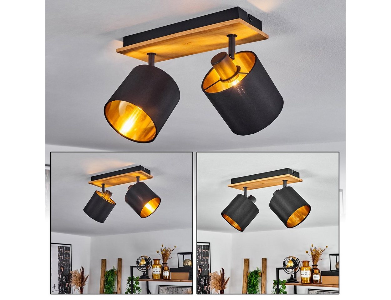 hofstein Deckenleuchte »Costa« Deckenlampe aus Holz/Metall/Stoff in Natur/Schwarz/Goldfarben, ohne Leuchtmittel, Leuchte im skandinavischen Design mit verstellbaren Schirmen, 2xE14 von hofstein