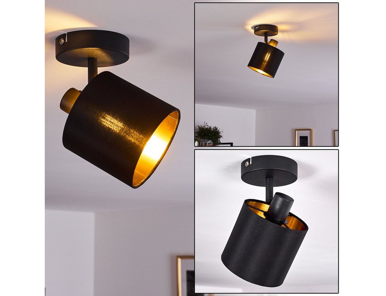 hofstein Deckenleuchte »Costa« Wandlampe aus Metall/Stoff in Schwarz/Gold, ohne Leuchtmittel, 3000 Kelvin, 1xE14, verstellbarer Wandspot mit Stoff-Schirm im Retro/Vintage-Desgin von hofstein