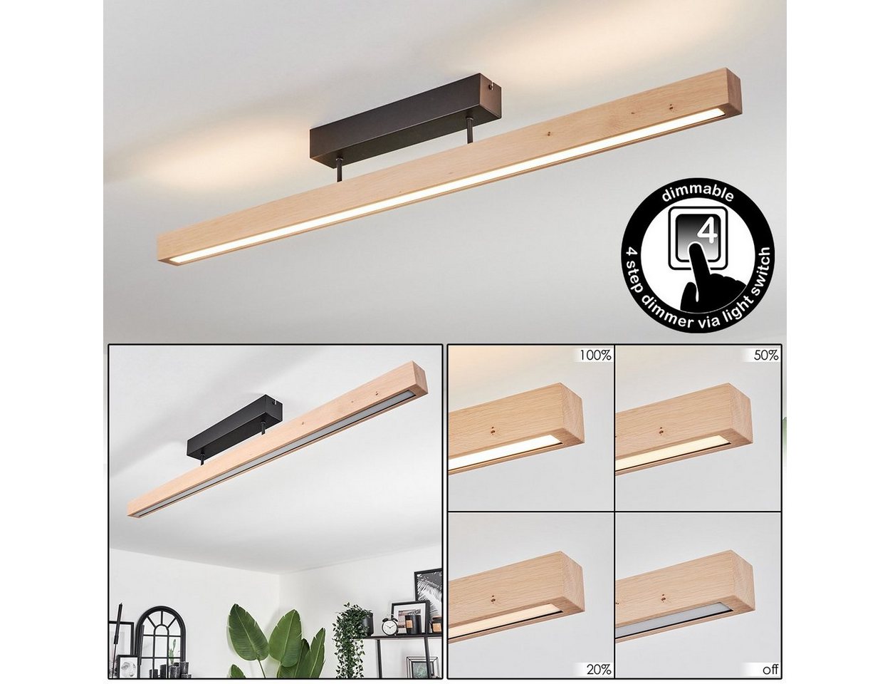 hofstein Deckenleuchte Deckenlampe aus Holz/Metall/Kunststoff in Natur/Schwarz/Weiß, LED fest integriert, 3000 Kelvin, über herkömmlichen Lichtschalter dimmbar, LED 54 Watt, 4950 Lumen von hofstein