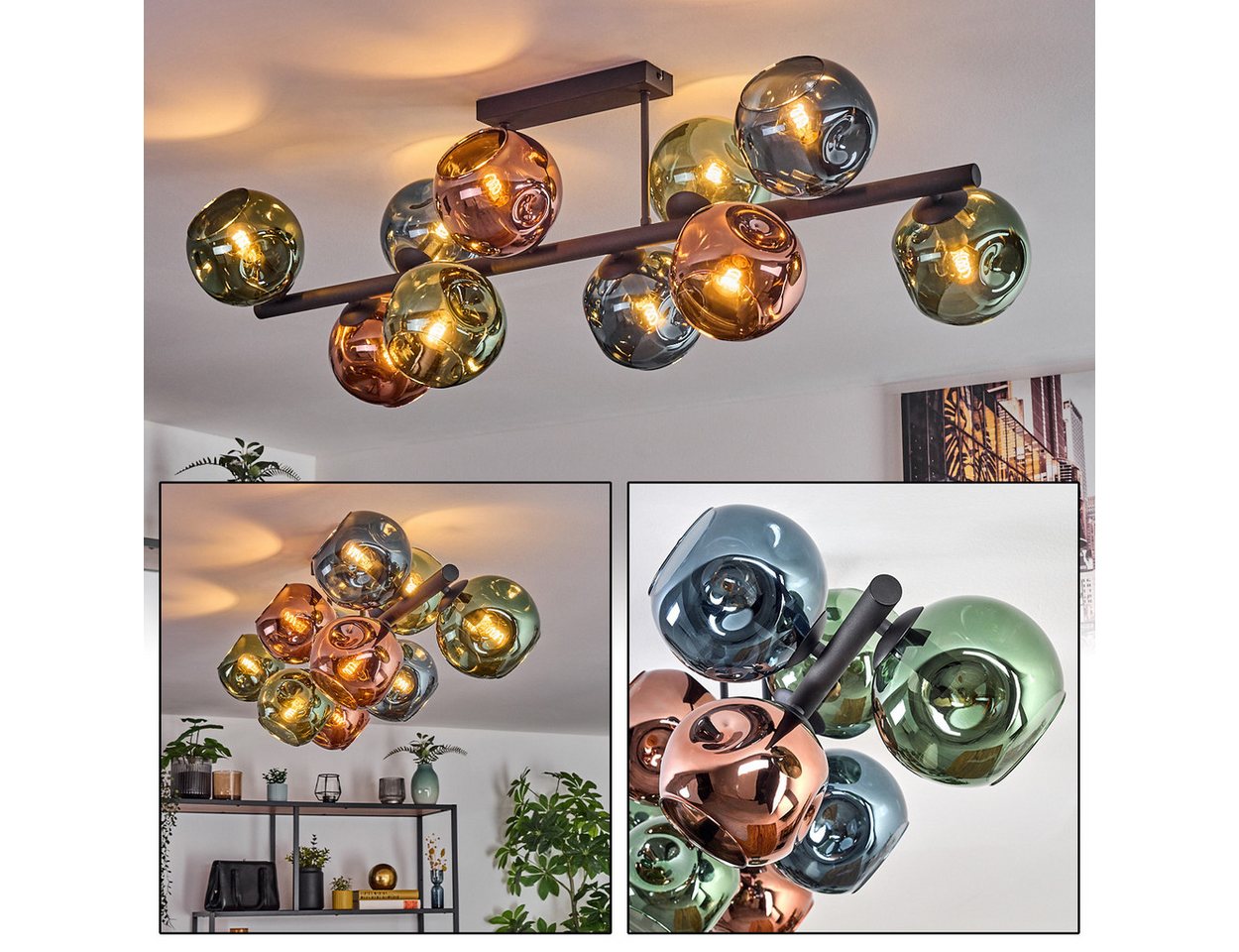 hofstein Deckenleuchte Deckenlampe aus Metall/Glas in Schwarz/Grün/Blau/Kupferfarben, Deckenleuchte im Retro/Vintage-Design (Schirme Ø 15 cm), 10 x E14 von hofstein