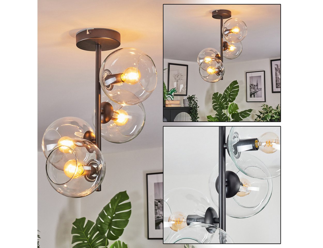 hofstein Deckenleuchte Deckenlampe aus Metall/Glas in Schwarz/Klar, Deckenleuchte im Retro/Vintage-Design (Schirme Ø 15 cm), 4 x E14 von hofstein