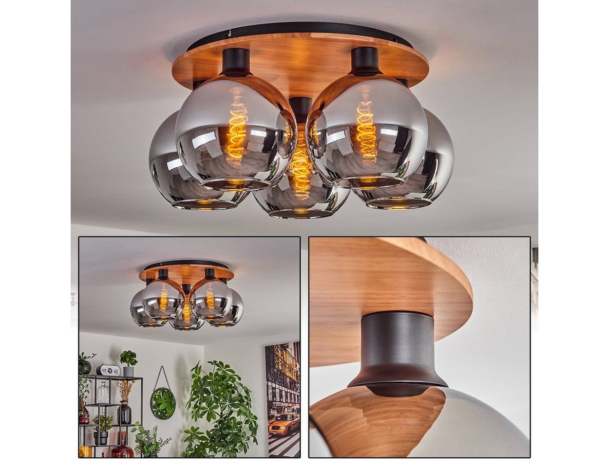 hofstein Deckenleuchte Deckenlampe aus Metall/Holz/Glas in Schwarz/Natur/Chromfarben, ohne Leuchtmittel, Leuchte im Retro-Design aus Glas, 5 x E27, ohne Leuchtmittel von hofstein