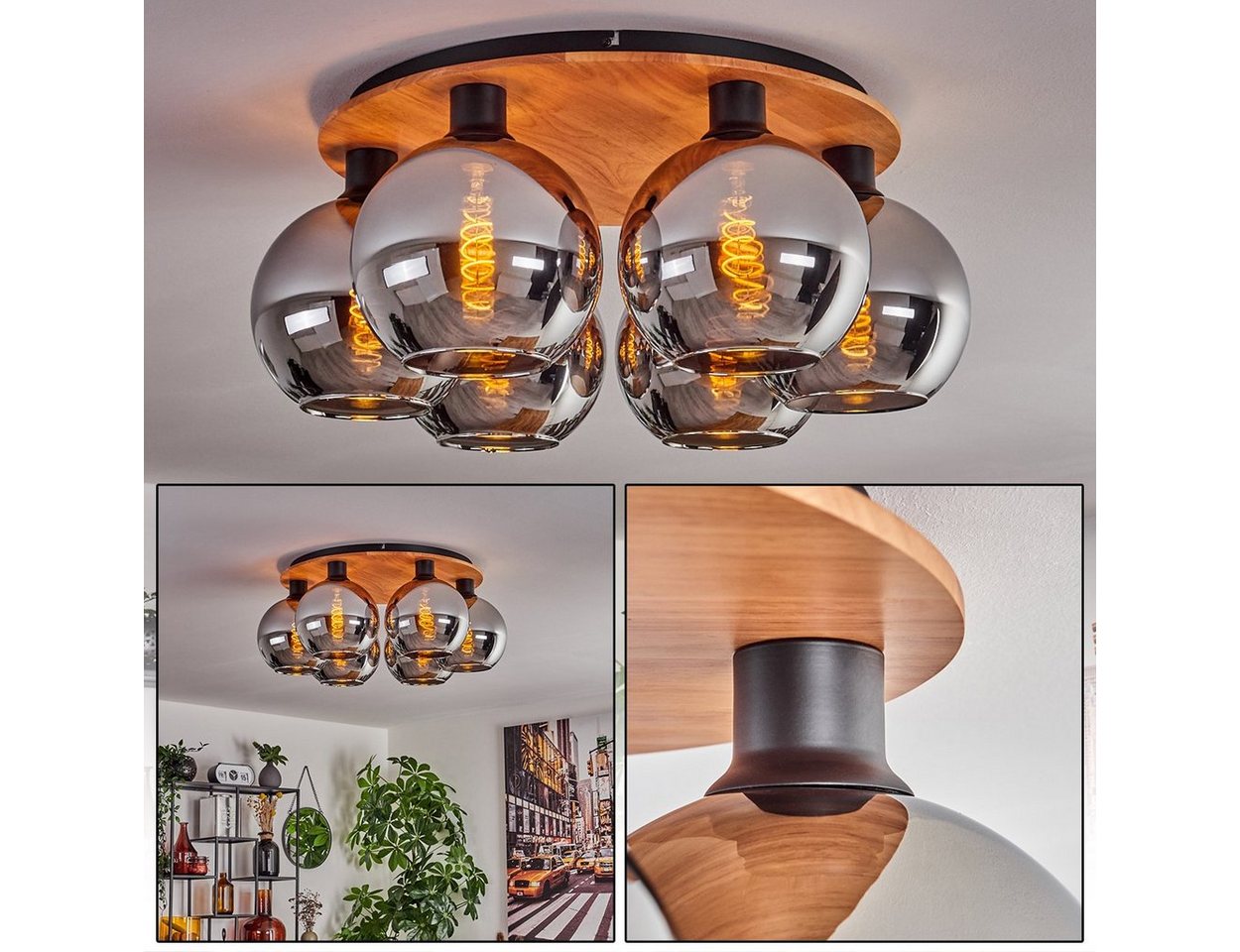 hofstein Deckenleuchte Deckenlampe aus Metall/Holz/Glas in Schwarz/Natur/Chromfarben, ohne Leuchtmittel, Leuchte im Retro-Design aus Glas, 6 x E27, ohne Leuchtmittel von hofstein