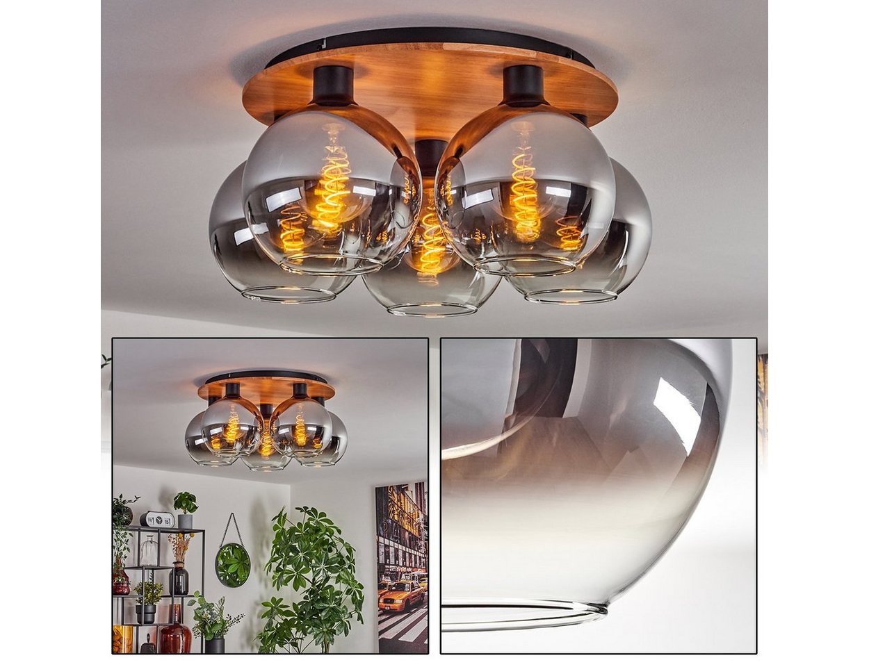 hofstein Deckenleuchte Deckenlampe aus Metall/Holz/Glas in Schwarz/Natur/Chromfarben/Klar, ohne Leuchtmittel, Leuchte im Retro-Design aus Glas, 5 x E27, ohne Leuchtmittel von hofstein