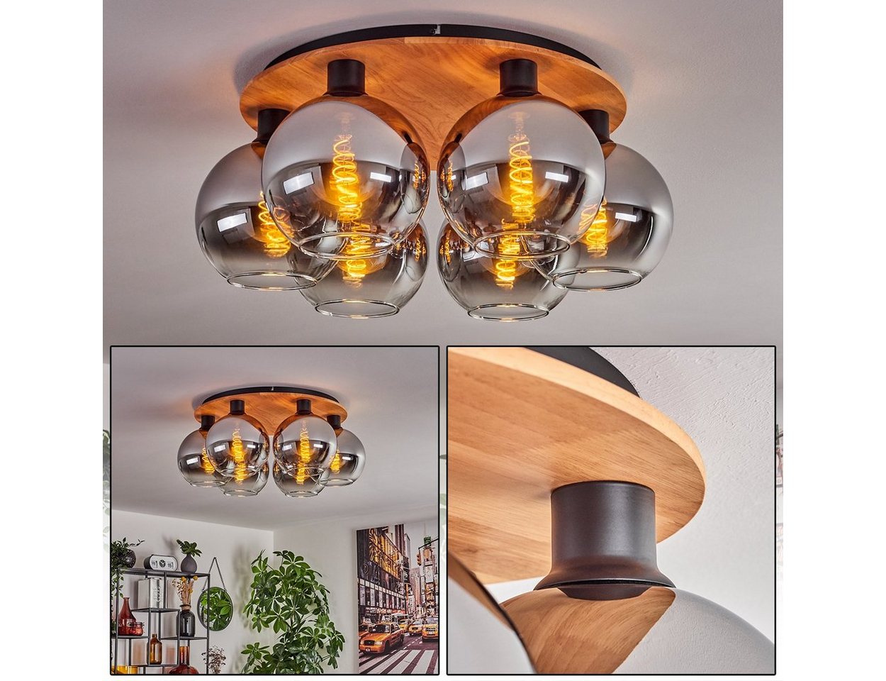 hofstein Deckenleuchte Deckenlampe aus Metall/Holz/Glas in Schwarz/Natur/Chromfarben/Klar, ohne Leuchtmittel, Leuchte im Retro-Design aus Glas, 6 x E27, ohne Leuchtmittel von hofstein