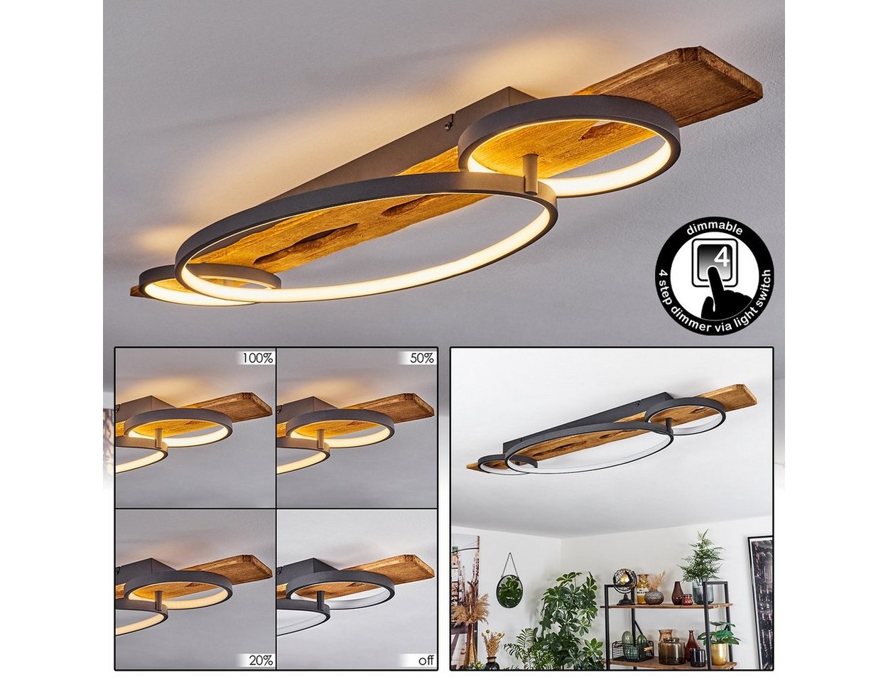 hofstein Deckenleuchte Deckenlampe aus Metall/Holz/Kunststoff in Anthazit/Natur/Weiß, LED fest integriert, 3000 Kelvin, dimmbar über Lichtschalter, 4600 Lumen, LED 40 Watt von hofstein