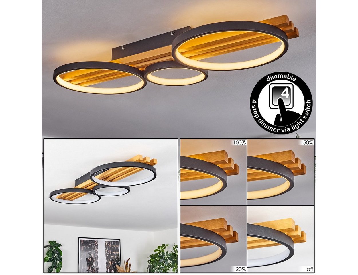 hofstein Deckenleuchte Deckenlampe aus Metall/Holz/Kunststoff in Schwarz/Natur/Weiß, LED fest integriert, 3000 Kelvin, über herkömmlichen Lichtschalter dimmbar, m. Holzbalken, 3800 Lumen hofstein Deckenleuchte Deckenlampe aus Metall/Holz/Kunststoff in Schwarz/Natur/Weiß, LED fest integriert, 3000 Kelvin, über herkömmlichen Lichtschalter dimmbar, m. Holzbalken, 3800 Lumen von hofstein