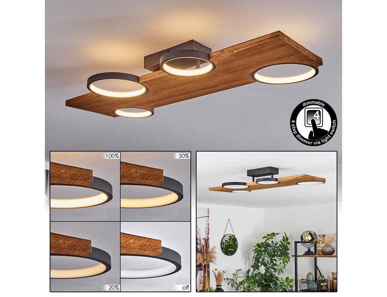 hofstein Deckenleuchte Deckenlampe aus Metall/Holz/Kunststoff in Schwarz-matt/Natur/Weiß, LED fest integriert, 3000 Kelvin, dimmbar über Lichtschalter, 4080 Lumen, LED 34 Watt von hofstein