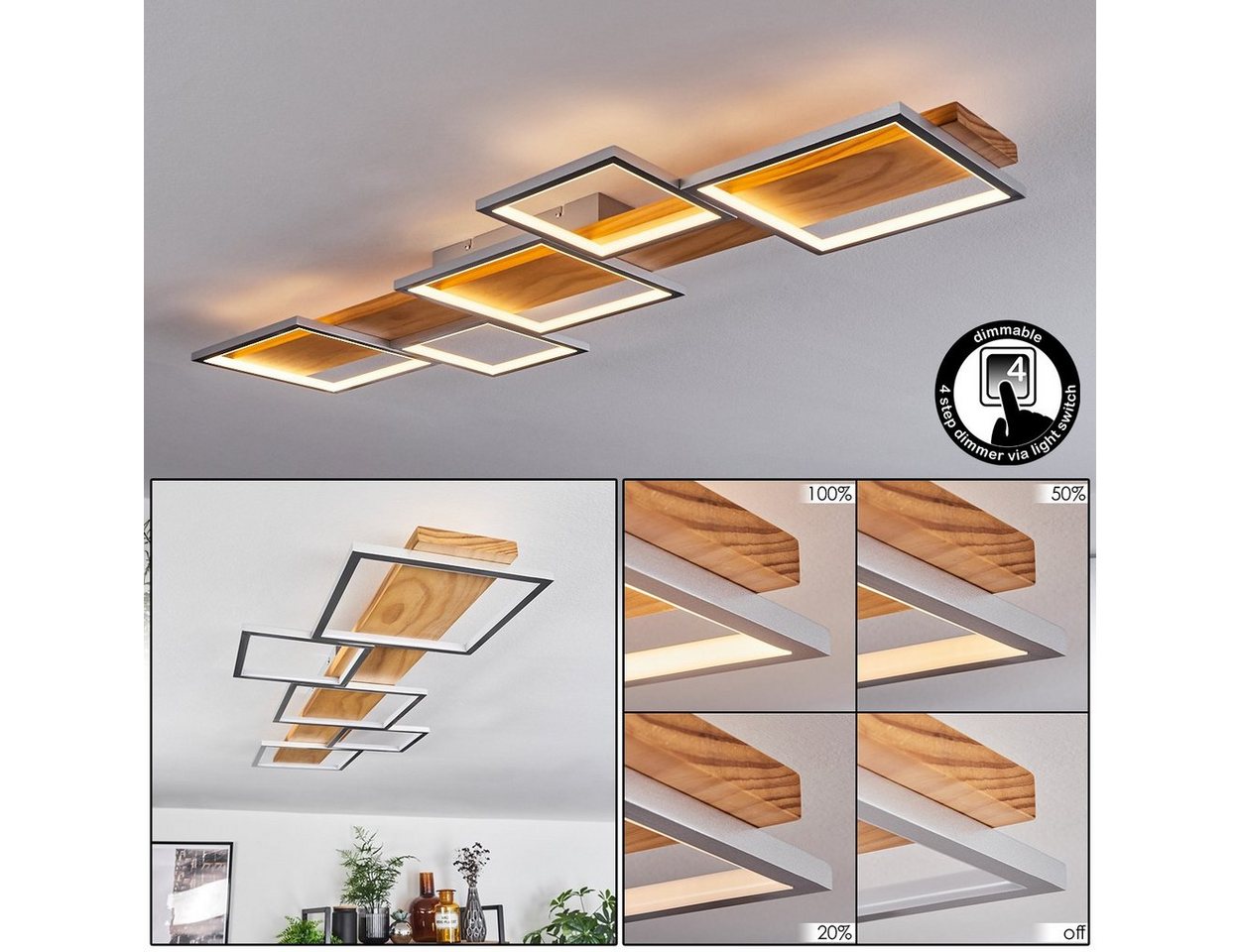 hofstein Deckenleuchte Deckenlampe aus Metall/Holz/Kunststoff in Silberfarben/Natur/Weiß, LED fest integriert, 3000 Kelvin, dimmbar über Lichtschalter, 5700 Lumen, LED 42 Watt von hofstein