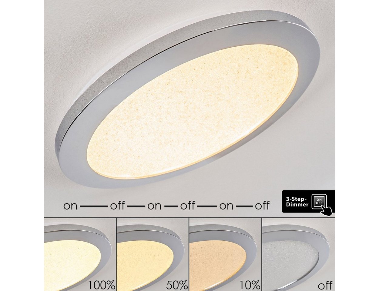 hofstein Deckenleuchte »Gleris« rundes Deckenpanel mit Glitzer-Effekt aus Metall in chrom, 18 Watt, 1200 Lumen, über Lichtschalter in 3 Stufen dimmbar, IP44 von hofstein