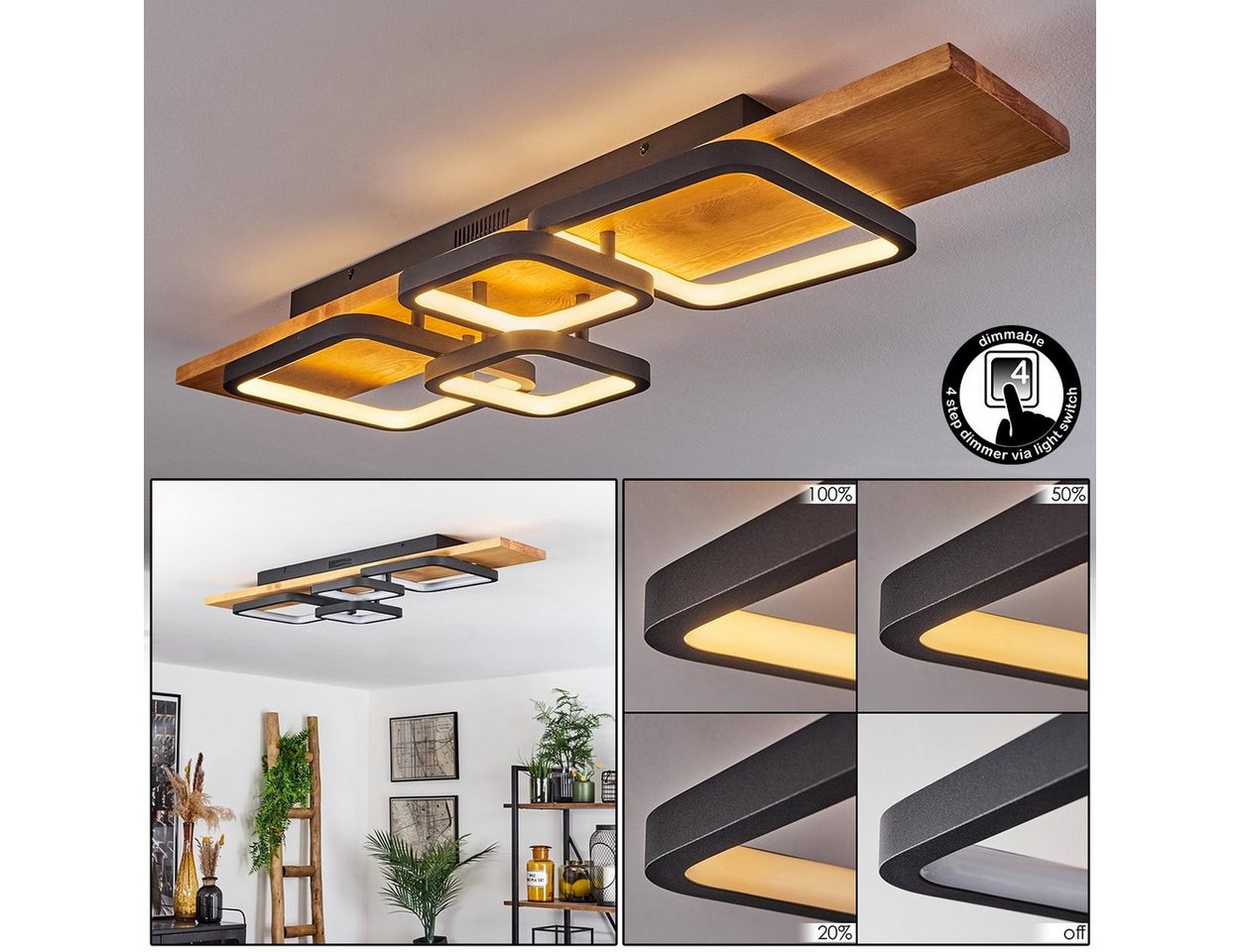 hofstein Deckenleuchte »Palermo« dimmbare Deckenlampe, Metall/Holz/Kunststoff, Schwarz/Natur, 3000 Kelvin, über herkömmlichen Lichtschalter dimmbar, LED 4200 Lumen, Weiß von hofstein