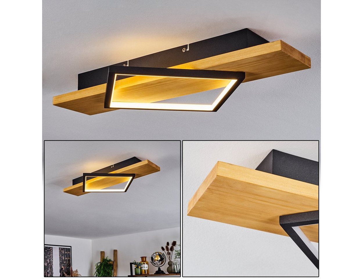 hofstein Deckenleuchte »Palermo« Deckenlampe aus Metall/Holz/Kunststoff in Schwarz/Natur/Weiß, 3000 Kelvin, eckige Leuchte mit Balken aus Echtholz, LED 22, 5 Watt, 2800 Lumen von hofstein