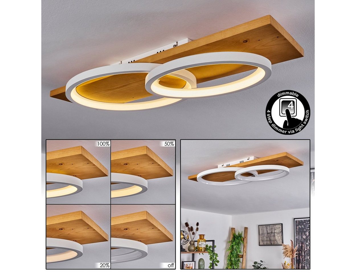 hofstein Deckenleuchte »Palermo« moderne Deckenlampe aus Metall/Holz/Kunststoff in Natur/Weiß, 3000 Kelvin, 75cm, dimmbar über Lichtschalter, 3500 Lumen, 1xLED 30 Watt von hofstein