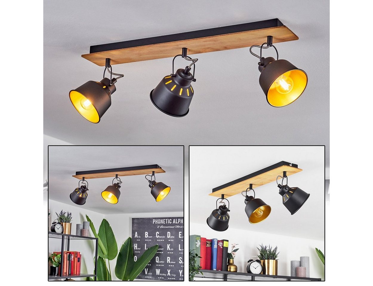 hofstein Deckenleuchte »Rimini« Deckenlampe aus Metall/Holz in Schwarz/Chrom/Gold/Natur, ohne Leuchtmittel, Retro-/Vintage-Design mit verstellbaren Schirmen u. Lichteffekt, 3xE14 von hofstein