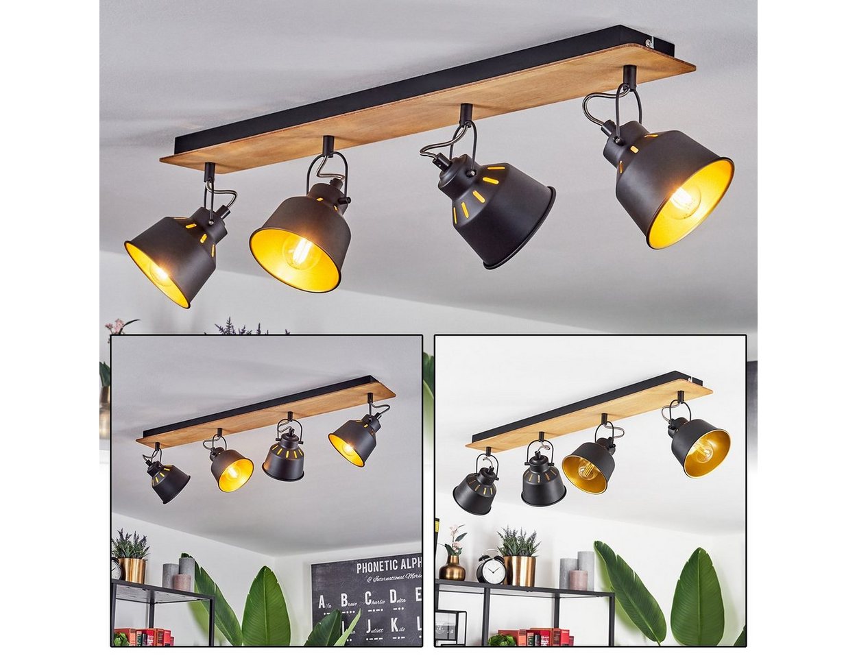 hofstein Deckenleuchte »Rimini« Deckenlampe aus Metall/Holz in Schwarz/Chrom/Gold/Natur, ohne Leuchtmittel, Retro-/Vintage-Design mit verstellbaren Schirmen u. Lichteffekt, E14 von hofstein