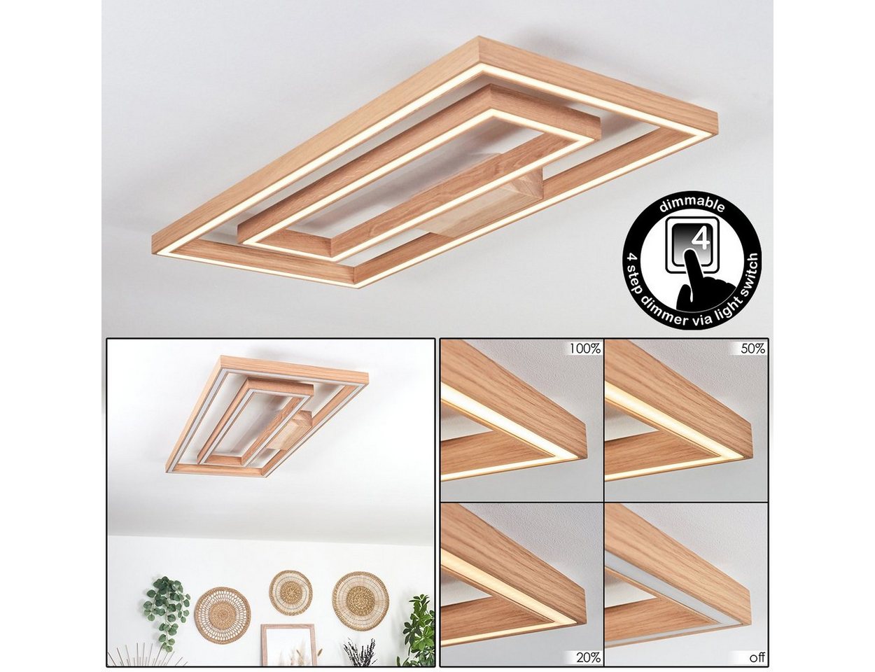 hofstein Deckenleuchte dimmbare Deckenlampe aus Holz/Kunststoff in Natur/Weiß, LED fest integriert, 3000 Kelvin, über herkömmlichen Lichtschalter dimmbar, im Boho Design, 8200 Lumen von hofstein