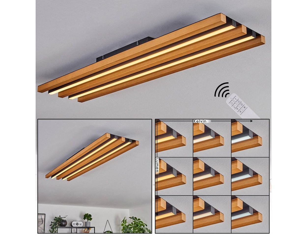 hofstein Deckenleuchte dimmbare Deckenlampe aus Metall/Holz/Kunststoff in Schwarz/Natur/Weiß, LED fest integriert, 2700 - 6500 Kelvin, 30 Watt, 3500 Lumen, dimmbar/Lichtfarbe änderbar über Lichtschalter von hofstein