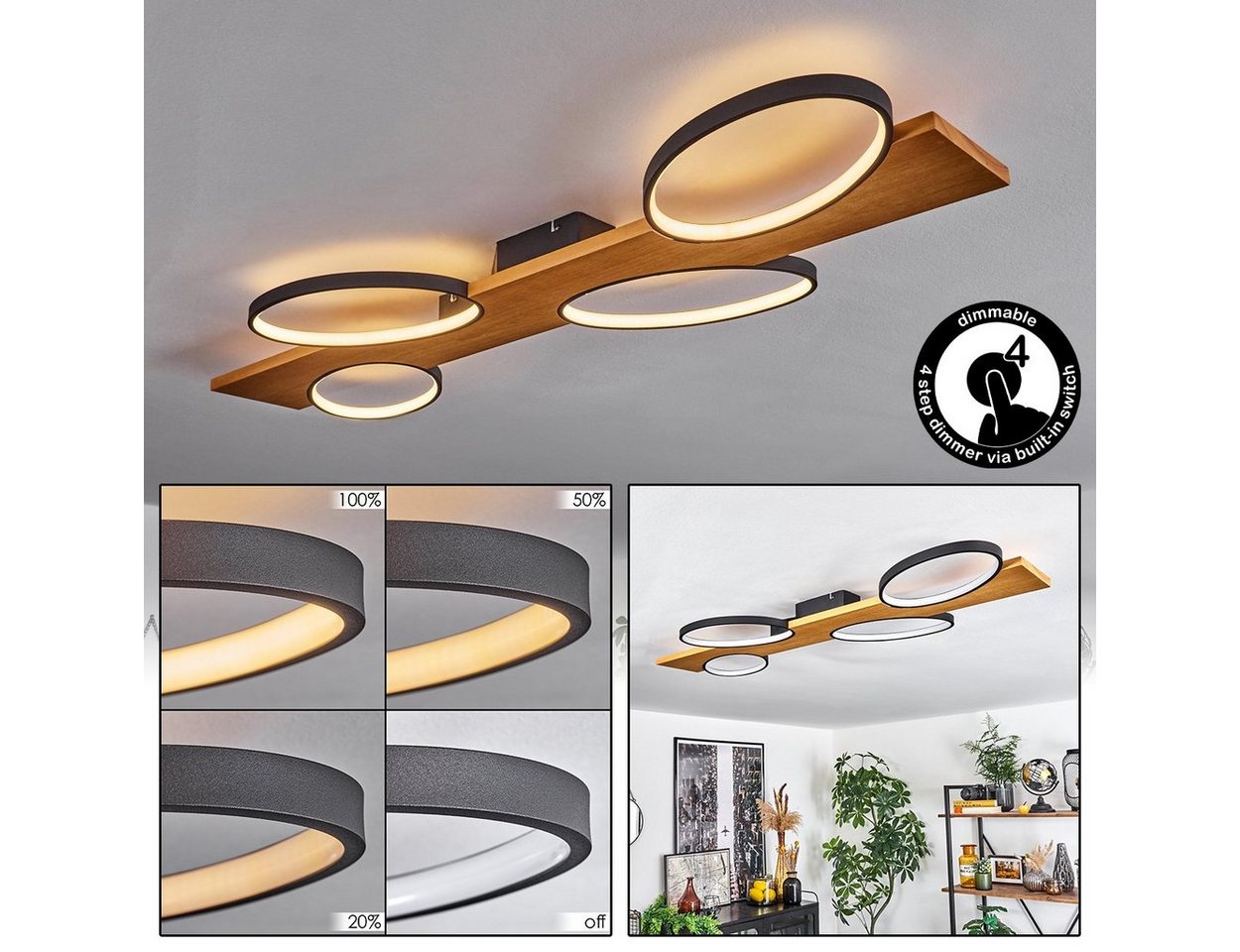 hofstein Deckenleuchte dimmbare Deckenlampe aus Metall/Holz/Kunststoff in Schwarz/Natur/Weiß, LED fest integriert, 3000 Kelvin, 38 Watt, 2500 Lumen, dimmbar über Lichtschalter von hofstein