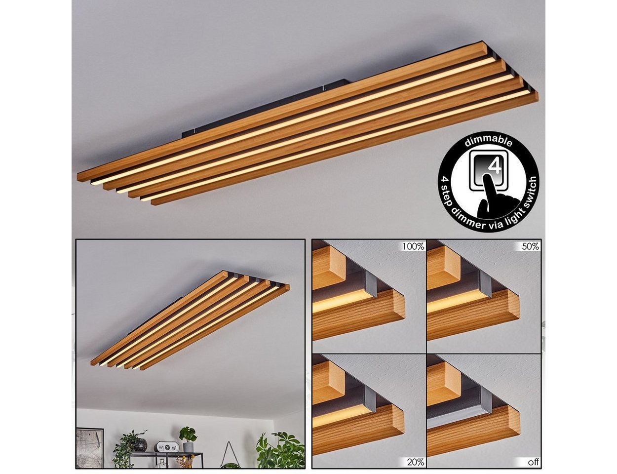 hofstein Deckenleuchte dimmbare Deckenlampe aus Metall/Holz/Kunststoff in Schwarz/Natur/Weiß, LED fest integriert, 3000 Kelvin, 44 Watt, 5050 Lumen, Länge 121 cm, dimmbar über Lichtschalter von hofstein