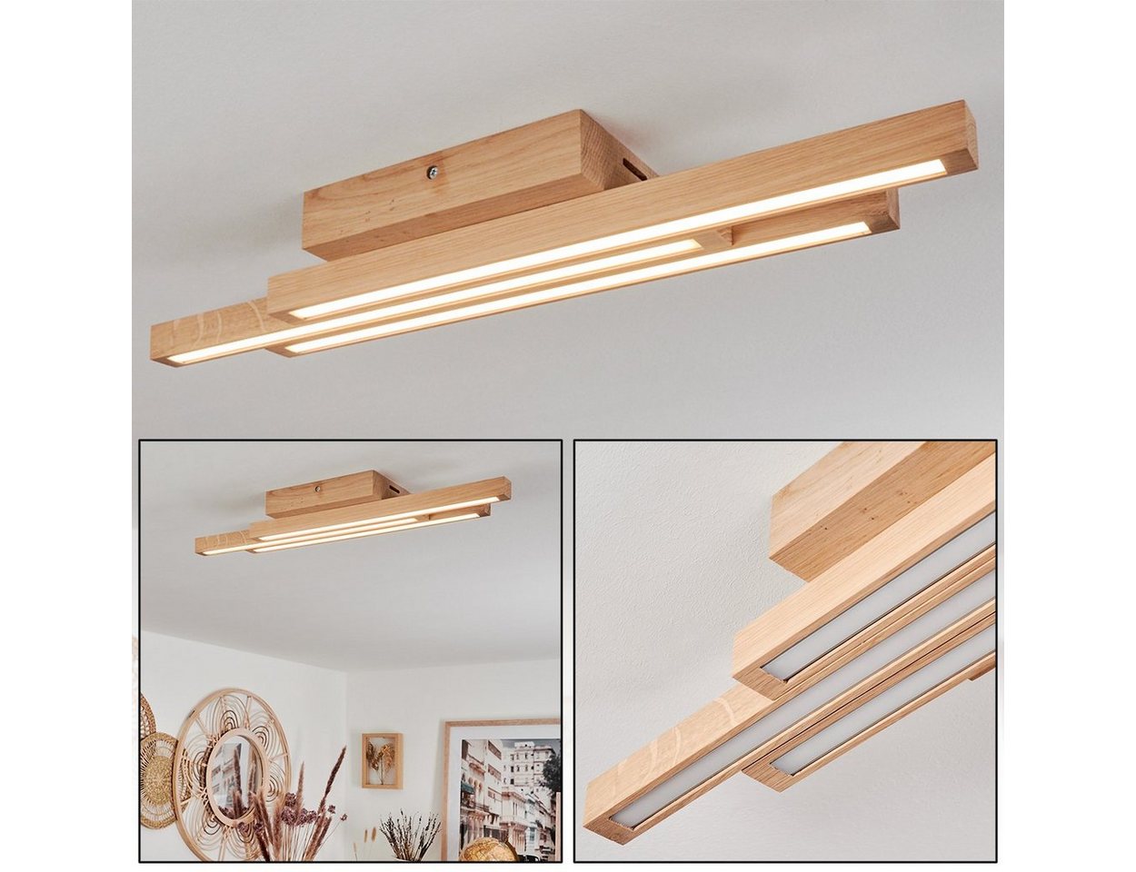 hofstein Deckenleuchte moderne Deckenlampe aus Holz/Kunststoff in Natur/Weiß, LED fest integriert, 3000 Kelvin, im skandinavischen Design, 1680 Lumen (insg), LED 18 Watt (insg) von hofstein