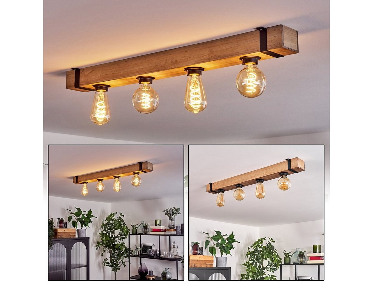 hofstein Deckenleuchte moderne Deckenlampe aus Metall/Holz in Schwarz/Natur, ohne Leuchtmittel, im Industrial-Style, Holzbalken, 4x E27. ohne Leuchtmittel von hofstein