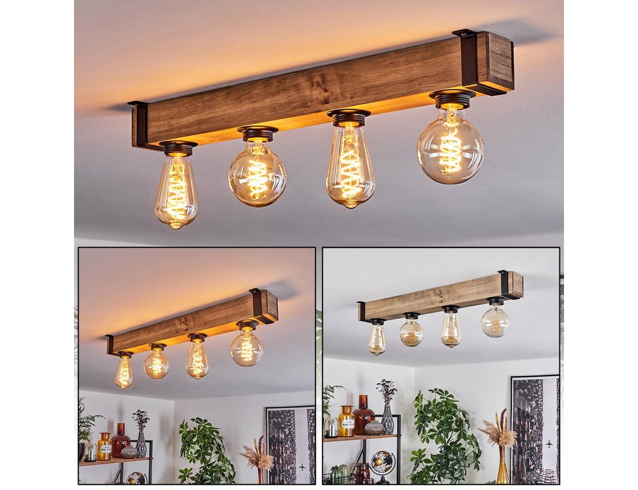 hofstein Deckenleuchte moderne Deckenlampe aus Metall/Holz in Schwarz/Natur, ohne Leuchtmittel, im Industrial-Style, Retro/Vintage mit Holzbalken, 4x E27-Fassung. von hofstein