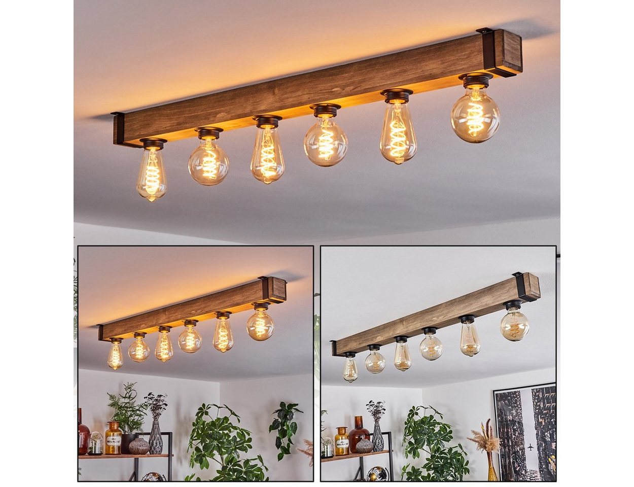 hofstein Deckenleuchte moderne Deckenlampe aus Metall/Holz in Schwarz/Natur, ohne Leuchtmittel, im Industrial-Style, Retro/Vintage mit Holzbalken, 6x E27-Fassung. von hofstein