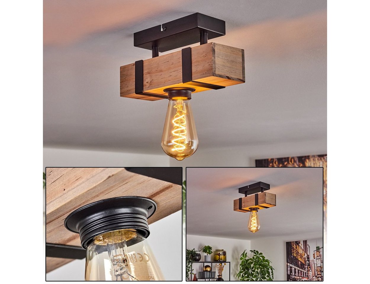 hofstein Deckenleuchte moderne Deckenlampe aus Metall/Holz in Schwarz/Natur, ohne Leuchtmittel, im industrial Design mit Holzbalken, 1 x E27, ohne Leuchtmittel von hofstein