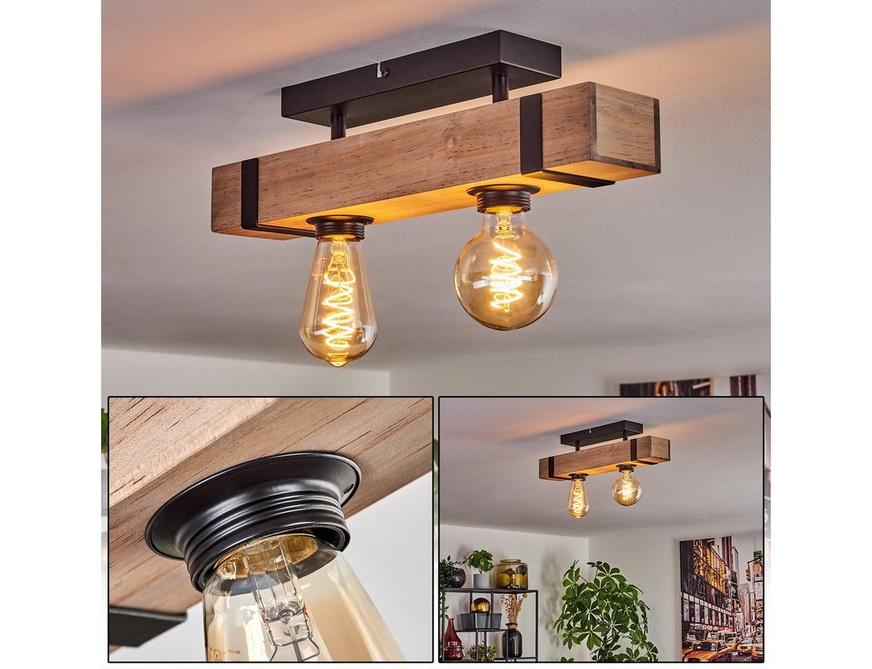 hofstein Deckenleuchte moderne Deckenlampe aus Metall/Holz in Schwarz/Natur, ohne Leuchtmittel, im industrial Design mit Holzbalken, 2 x E27, ohne Leuchtmittel von hofstein