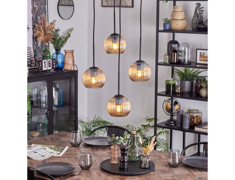 hofstein Hängeleuchte 4-flammige Hängelampe aus Metall/Riffelglas in Schwarz/Bernstein, moderne Pendelleuchte im Retro/Vintage-Design (Schirme Ø 15 cm), E27 von hofstein