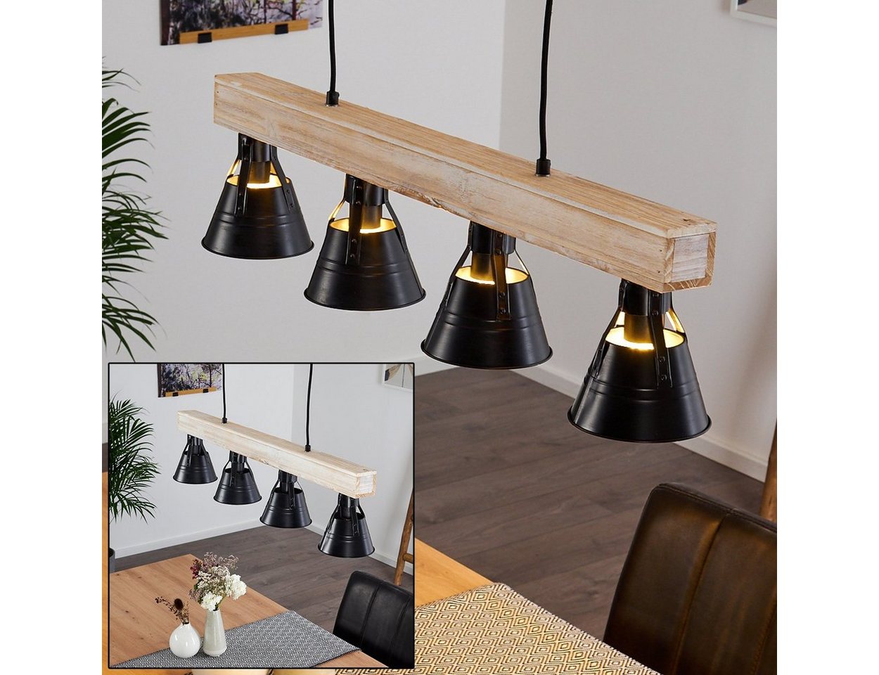 hofstein Hängeleuchte »Croce« verstellbare Deckenlampe aus Metall/Holz in Schwarz/Natur, ohne Leuchtmittel, 4xE27, im Retro Design von hofstein