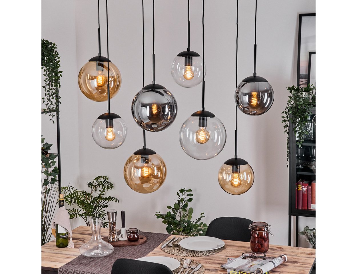 hofstein Hängeleuchte Hängelampe aus Metall/Glas in Schwarz/Bernstein-/Rauchfarben/Klar, ohne Leuchtmittel, Hängeleuchte im modernen Retro/Vintage-Design (20, 25 cm), 8 x E27 von hofstein
