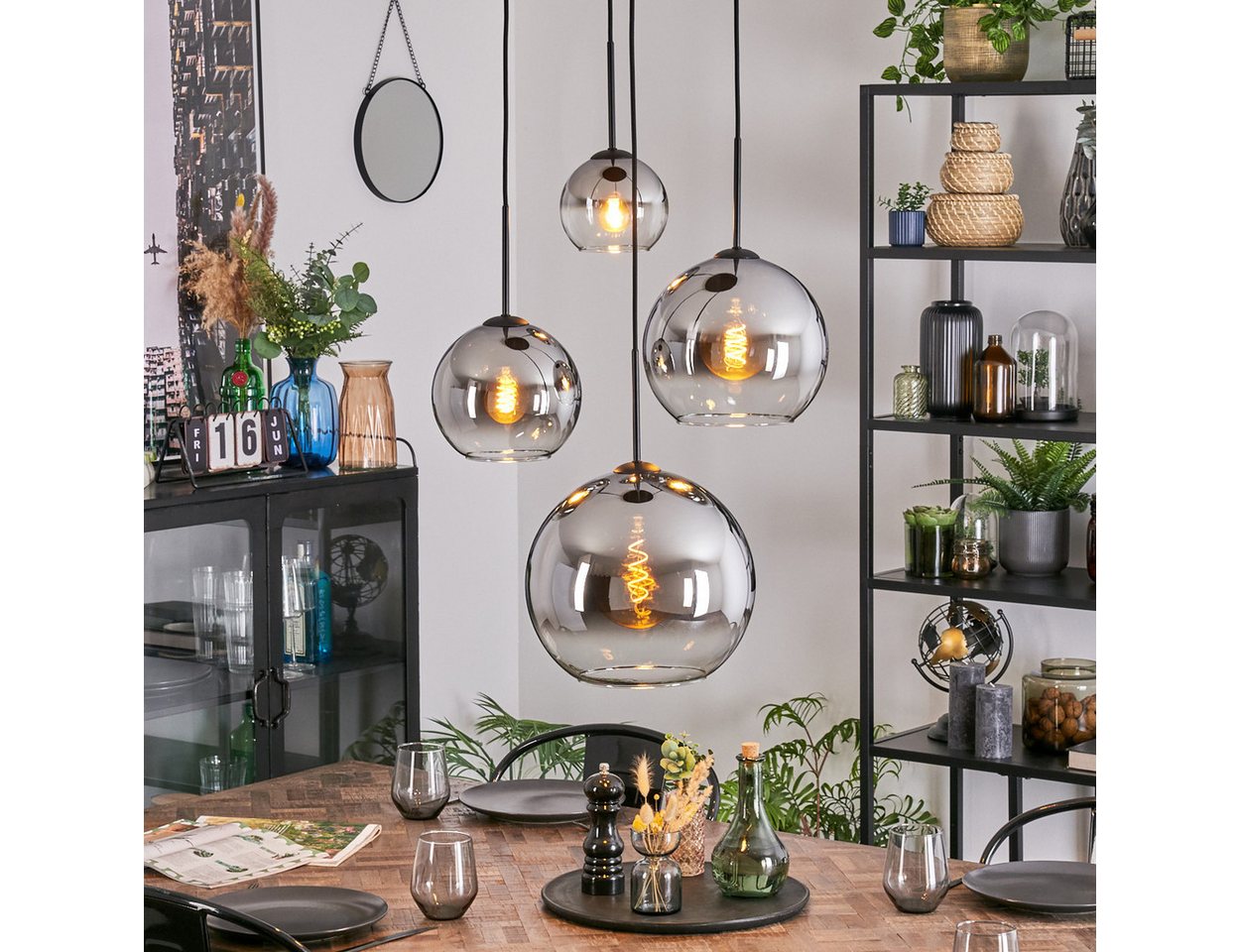 hofstein Hängeleuchte Hängelampe aus Metall/Glas in Schwarz/Chrom-/Rauchfarben/Klar, Hängeleuchte im modernen Vintage-Design (15, 20, 25, 30 cm), 4 x E27 von hofstein
