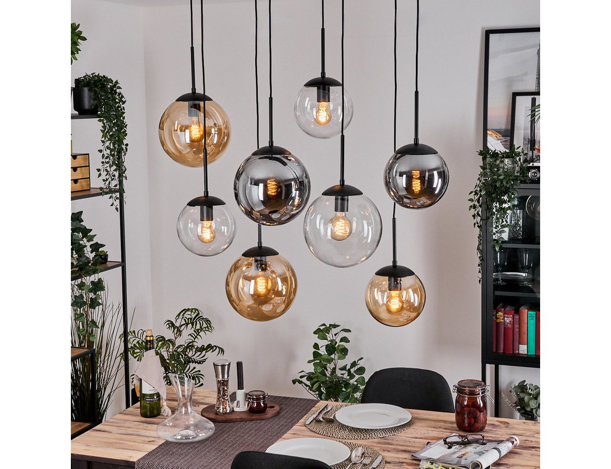 hofstein Hängeleuchte Hängelampe aus Metall/Glas in Schwarz/Rauch-/Bernsteinfarben/Klar, ohne Leuchtmittel, Hängeleuchte im modernen Retro/Vintage-Design (20, 25 cm), 8 x E27 von hofstein