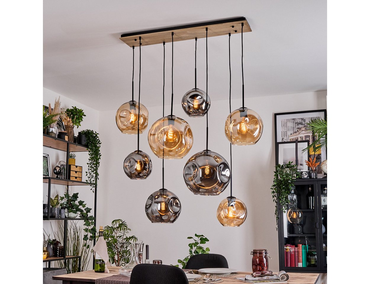 hofstein Hängeleuchte Hängelampe aus Metall/Holz/Glas in Schwarz/Natur/Rauch/Bernstein, Hängeleuchte im modernen Retro/Vintage-Design (20, 25, 30 cm), 8xE27 von hofstein