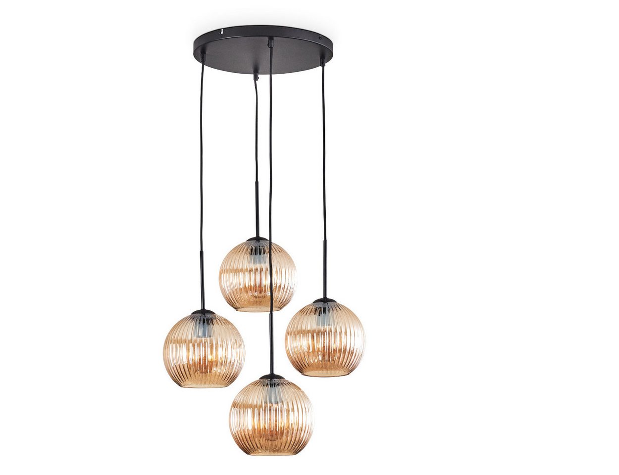 hofstein Hängeleuchte Hängelampe aus Metall/Riffelglas in Schwarz/Bernsteinfarben, ohne Leuchtmittel, Leuchte im Retro/Vintage-Design mit Glasschirmen (20 cm), 4 x E27 von hofstein
