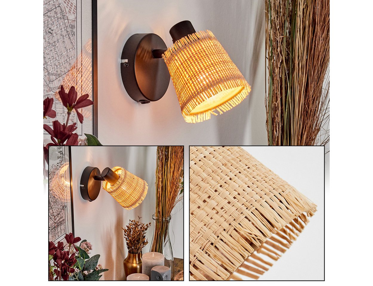 hofstein Hängeleuchte Wandlampe aus Metall/Bast in Schwarz/Natur mit Schalter am Gehäuse, ohne Leuchtmittel, verstellbare Wandleuchte im modernen Boho-Design, E14 von hofstein