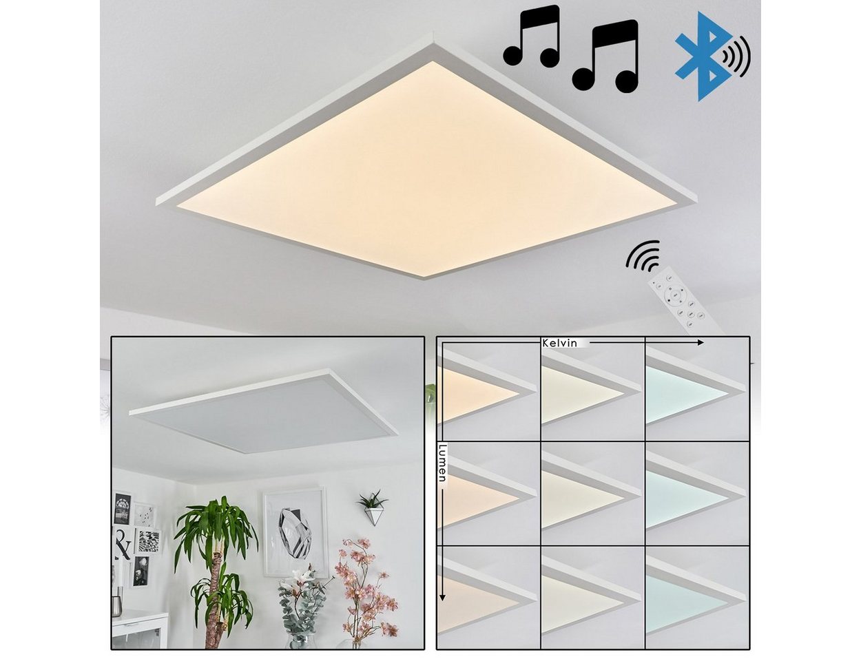 hofstein Panel »Manarola« dimmbares Deckenpanel aus Metall/Kunststoff, Weiß/Holzoptik, 3000 Kelvin, 200-2250 Lumen, Fernbedienung,Bluetooth,Lautsprecher,Timer, Nachtlicht von hofstein