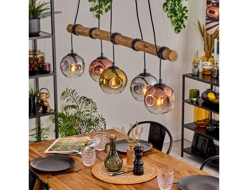 hofstein Pendelleuchte Hängelampe aus Metall/Holz/Glas in Kupfer/Klar/Gold/Chrom/Rauch, ohne Leuchtmittel, Hängeleuchte Retro/Boho mit Glasschirmen und Holzbalken, 5 x E27 von hofstein